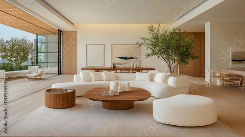 Modern minimalist living room, ocean view, California home interior design, luxury real estate. generative ai