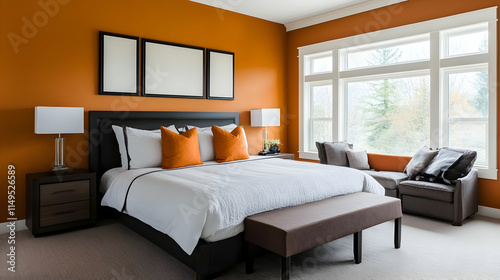 Modern orange bedroom interior design, king bed, large window, nature view, home decor. generative ai photo