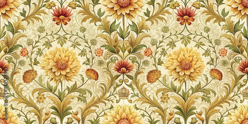 A vibrant floral pattern featuring sunflowers and intricate detailing in warm hues.