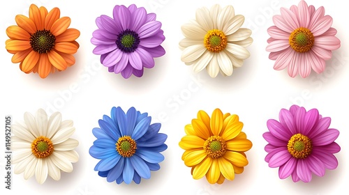 Set of colorful daisies flowers isolated on a white background