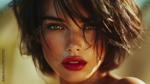 Close-up of a gorgeous woman with short tousled black hair, red lips, and intense green eyes, perfect for advertising beauty products, summer fashion, photo