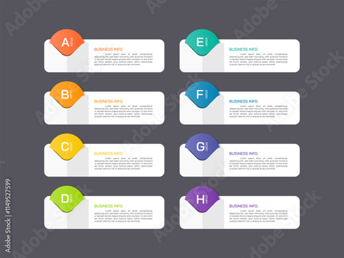Modern infographics business design with 8 option concepts, parts, steps or processes can be used for workflow layout, diagram, number options, web design. infographic element.