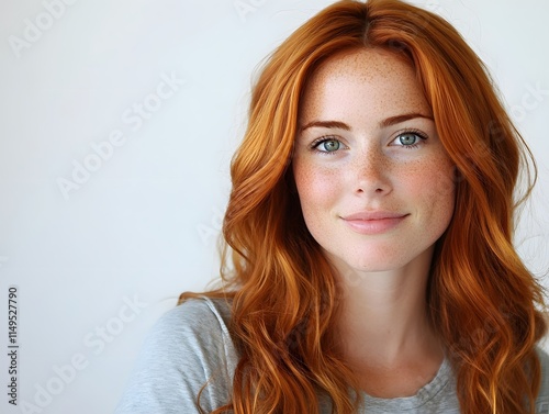 Closeup of happy attractive young woman with long wavy red hair and freckles wears stylish t shirt looks happy and smiling isolated over white background photo