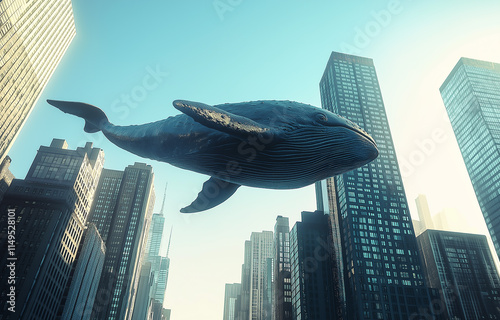 A giant whale flying over the city, creative poster photo