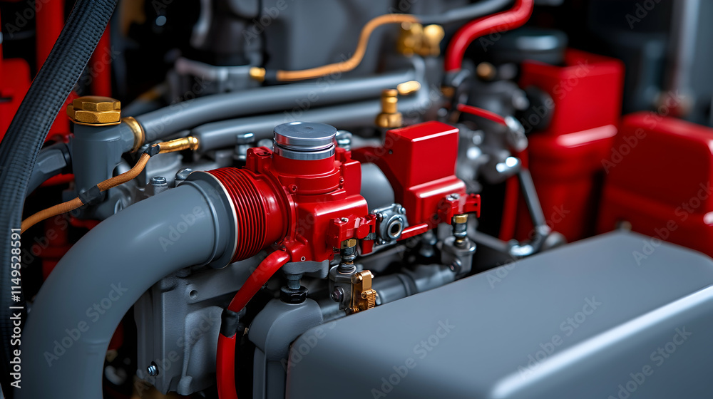Red Industrial Engine Close-up, Workshop Background, Machinery Repair. generative ai Red Industrial Engine Close-up, Workshop Background, Machinery Repair. generative ai