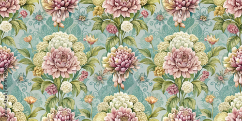 A vibrant floral pattern featuring soft pastel-colored blooms and greenery, bringing a touch of elegance to any space.