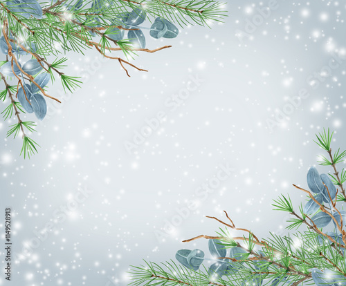 Christmas background with winter greenery, spruce, pine tree twig and eucalyptus branch against background of snowfall. New Year design for greeting or invitation.