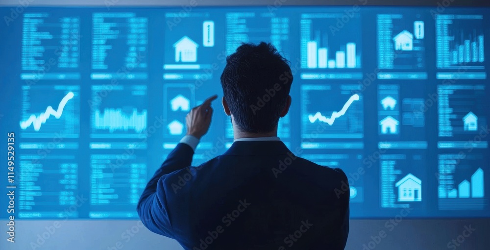 Business Professional Analyzing Data Trends on Digital Screens Business Professional Analyzing Data Trends on Digital Screens