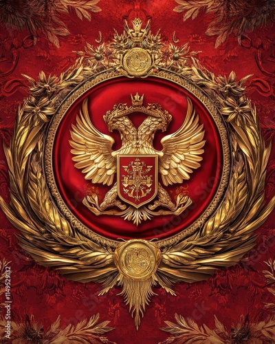 Majestic Golden Eagle Coat of Arms on Red Background:  A Regal Digital Artwork Depicting Imperial Symbolism and Opulent Detail photo