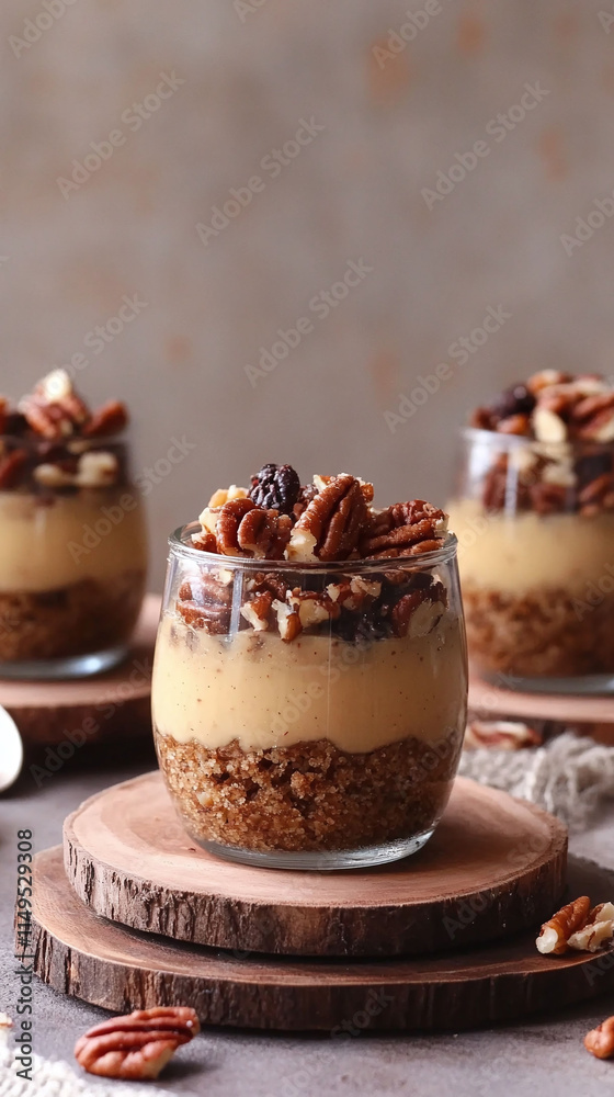 creative twist on pecan pie served in a jar as individual servings with layers of filling creative twist on pecan pie served in a jar as individual servings with layers of filling