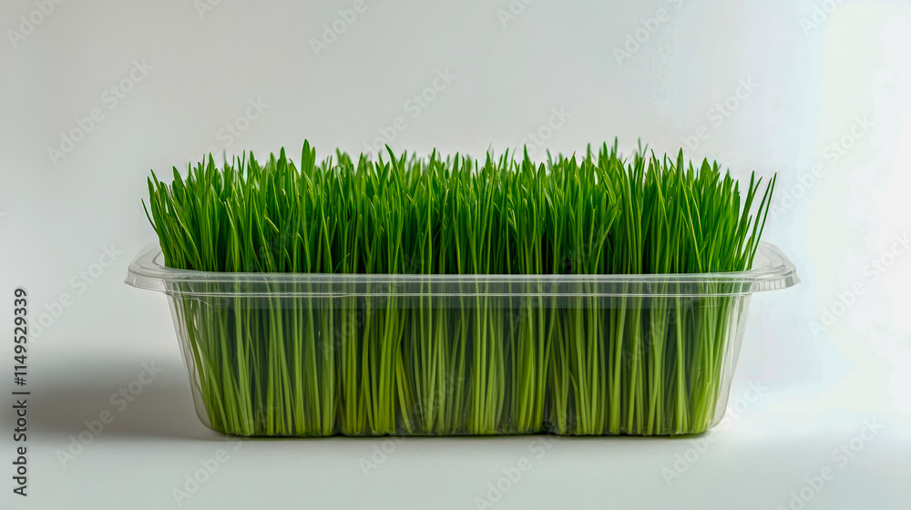 Naklejka premium Fresh wheatgrass in transparent plastic tray on white background