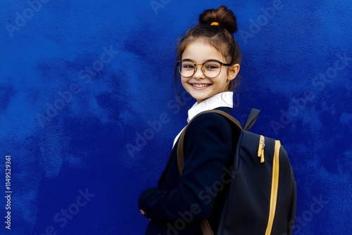 Happy students.  The cheerful girl smiles at the camera as she stands with he...