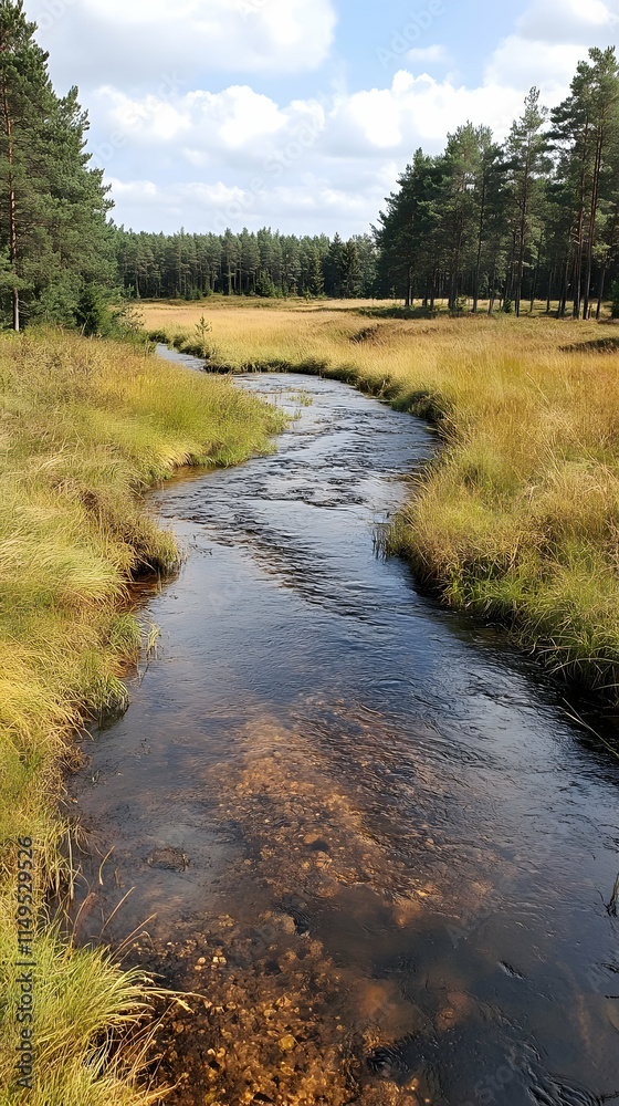 Serene stream flowing through autumnal forest, nature background, ideal for travel brochures. generative ai Serene stream flowing through autumnal forest, nature background, ideal for travel brochures. generative ai