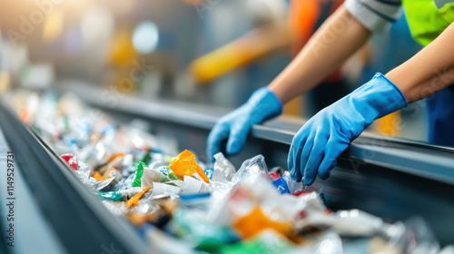 Workers in blue gloves sorting plastic waste on conveyor belt in recycling facility