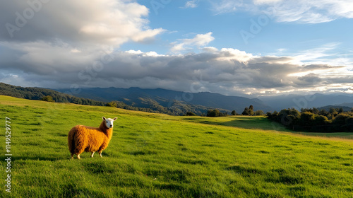 Sheep grazing idyllic mountain pasture sunset landscape, farm animal tranquil scene, postcard. generative ai photo