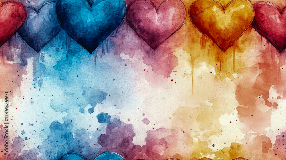 Fototapeta premium Colorful watercolor hearts on a multicolored abstract background