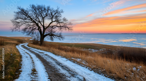 Snowy winter road sunset landscape, solitary tree, frozen lake background, travel postcard. generative ai