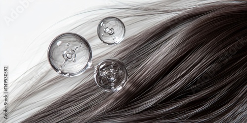 Shiny Dark Hair with Liquid Bubbles Abstract Beauty Concept