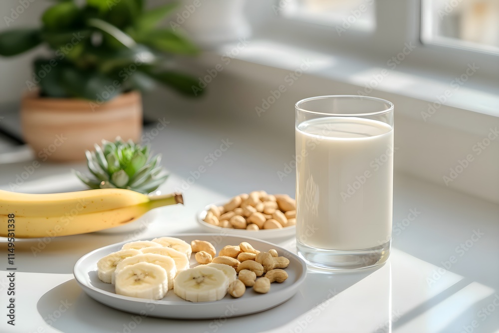 A refreshing morning snack: sliced banana, mixed nuts, a glass of milk, and succulents, set in a clean, bright kitchen, illustrating the concept of healthy living and eating healthy food A refreshing morning snack: sliced banana, mixed nuts, a glass of milk, and succulents, set in a clean, bright kitchen, illustrating the concept of healthy living and eating healthy food