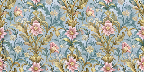 An intricate floral wallpaper design featuring pink flowers and ornate green foliage on a soft blue background.