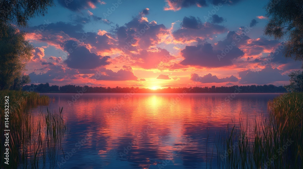 Fiery sunset reflects on calm lake. Fiery sunset reflects on calm lake.