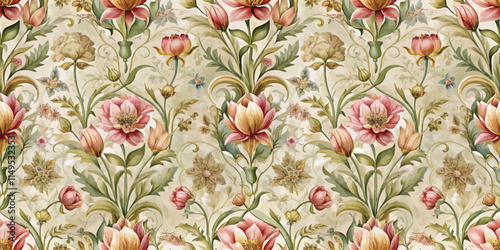 Beautiful floral wallpaper with intricate designs featuring pink and cream flowers, bringing elegance and warmth to any space.