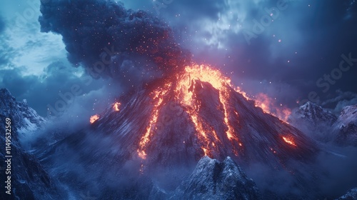 Volcanic mountain in eruption, A large volcano erupting hot lava and gases into the atmosphere