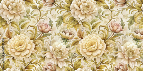 Elegant floral wallpaper featuring soft cream and muted pastel blooms, enhancing a serene atmosphere.