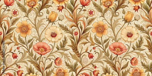 Elegant vintage floral pattern featuring warm hues and intricate designs.