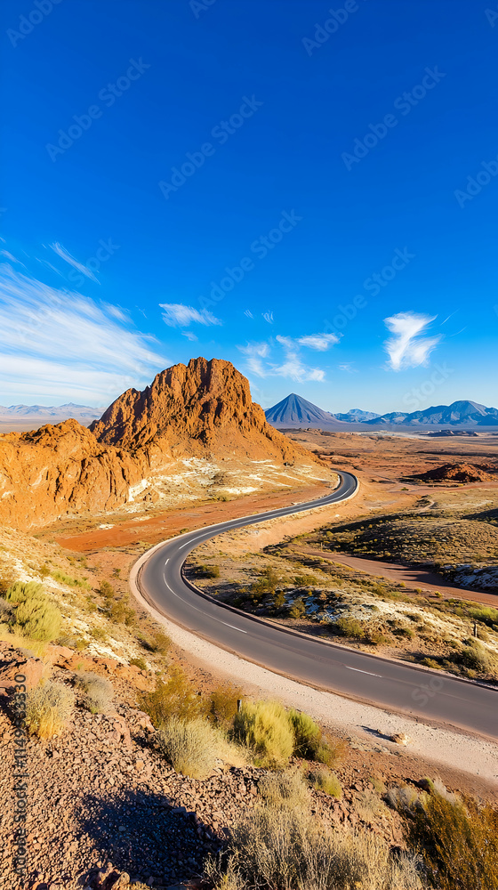 Winding Desert Highway Scenic Route, Red Rock Mountains Background, Travel Poster. generative ai Winding Desert Highway Scenic Route, Red Rock Mountains Background, Travel Poster. generative ai