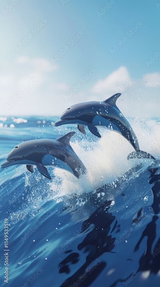 Fototapeta premium Two Dolphins Leap Above Ocean Waves