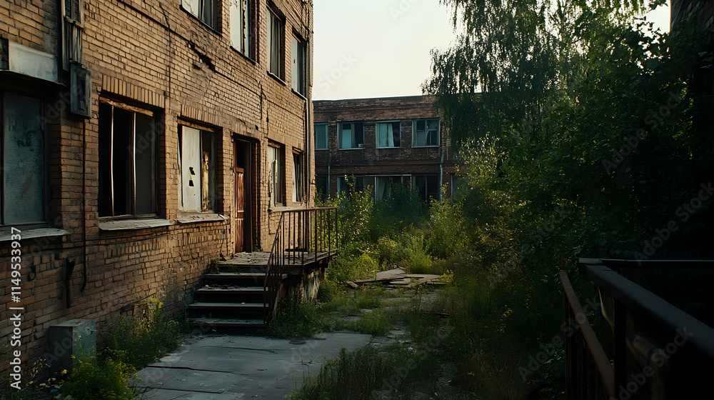 Abandoned brick building courtyard overgrown with weeds, urban decay, sunlight, real estate. generative ai Abandoned brick building courtyard overgrown with weeds, urban decay, sunlight, real estate. generative ai
