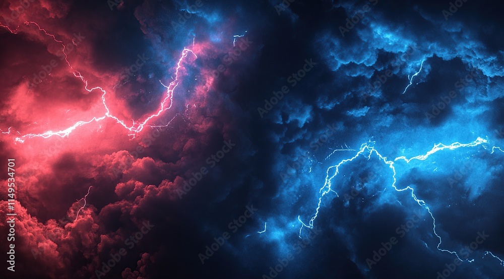 Fiery Red and Icy Blue Lightning Strikes Across Storm Clouds Fiery Red and Icy Blue Lightning Strikes Across Storm Clouds