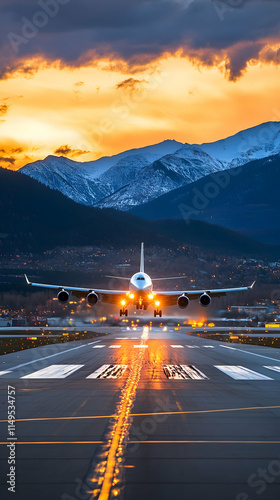 Airplane landing mountain sunset airport runway travel. generative ai