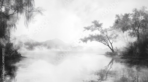 wallpaper vintage chinese landscape drawing of lake with trees and fog in black and white design for wallpaper, wall art, print, fresco, mural