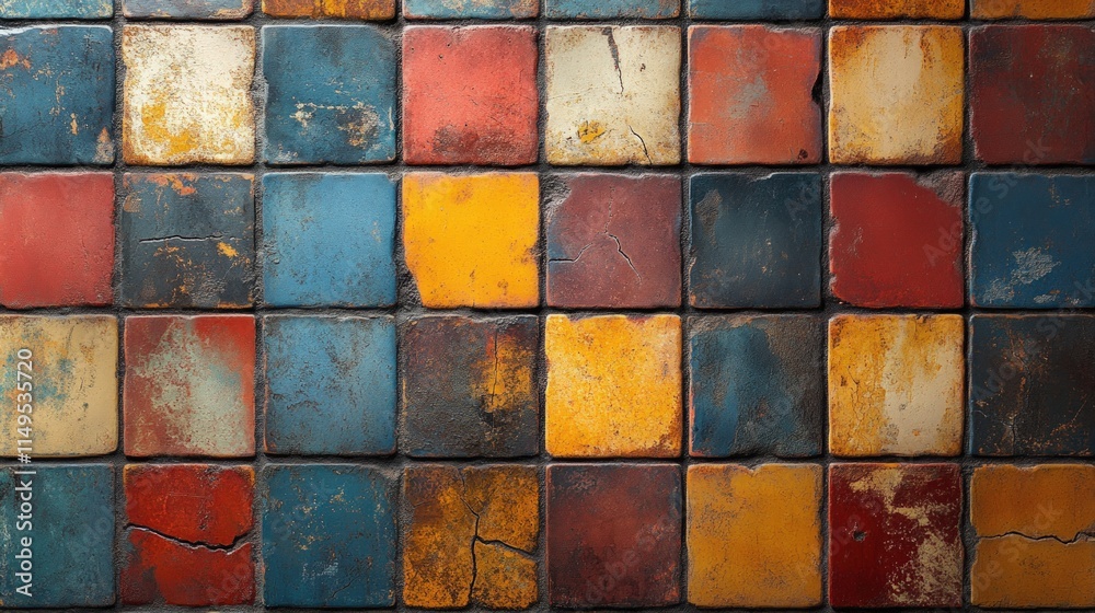 Multicolored, square tiles; aged, distressed surface. Multicolored, square tiles; aged, distressed surface.