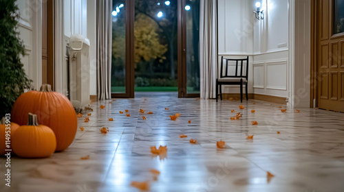 Autumnal pumpkins hallway interior design, fall leaves floor, night garden view, home decor. generative ai photo