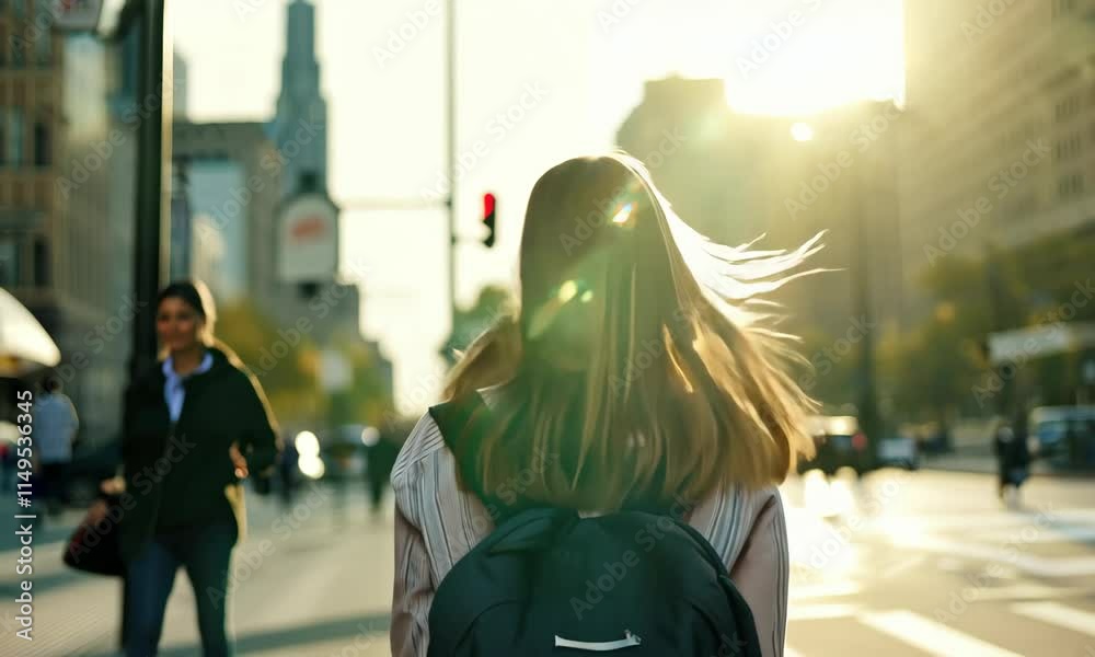 Rearview photography of a young woman wearing a backpack walking through a city or downtown street at daytime, people and cars on the side of the road blurred