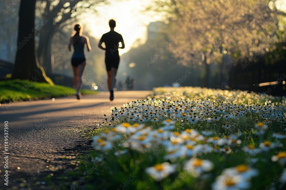 Obraz premium In a serene park, two runners enjoy the fresh air as a change in weather signals the beginning of spring. Daisies bloom along the path, hinting at the seasonal thaw and renewal.