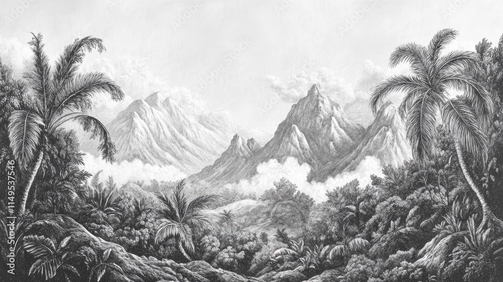 custom made wallpaper toronto digitalwallpaper vintage landscape drawing of jungle mountains with trees fog and clouds in black and white design for wallpaper, wall art, print, fresco, mural