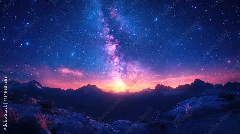 Fototapeta premium Starry night sky over majestic purple mountains.
