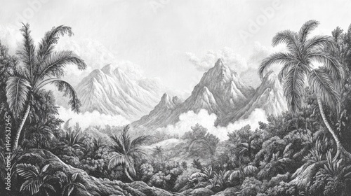 Wallpaper Mural wallpaper vintage landscape drawing of jungle mountains with trees fog and clouds in black and white design for wallpaper, wall art, print, fresco, mural Torontodigital.ca