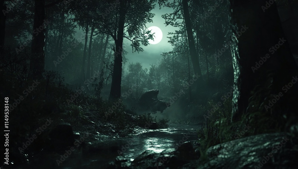 Fototapeta premium Night Forest: Mysterious Creatures by Moonlight Stream, Eerie Atmosphere, Dark Woods, Silhouettes, Magical Setting