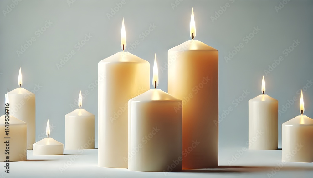 Set of pillar candles with flames illuminated, cut out Set of pillar candles with flames illuminated, cut out