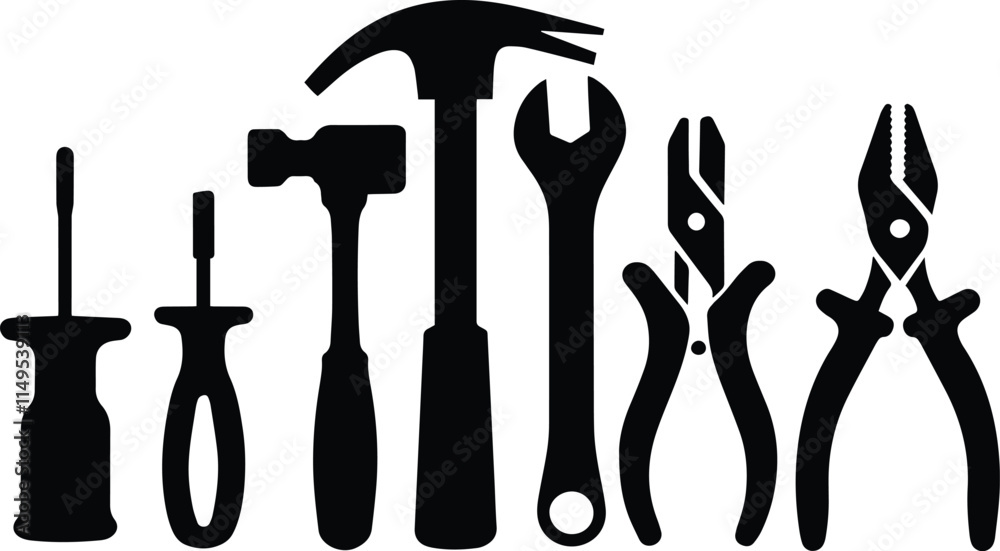 Black Vector Silhouette of Tools on a Pure White Background, Minimalist Design for Construction and DIY Themes Black Vector Silhouette of Tools on a Pure White Background, Minimalist Design for Construction and DIY Themes