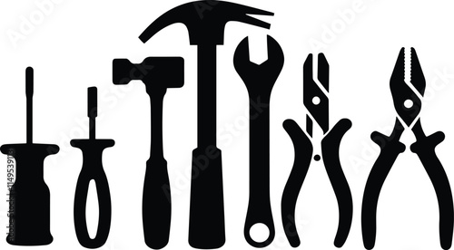 Black Vector Silhouette of Tools on a Pure White Background, Minimalist Design for Construction and DIY Themes