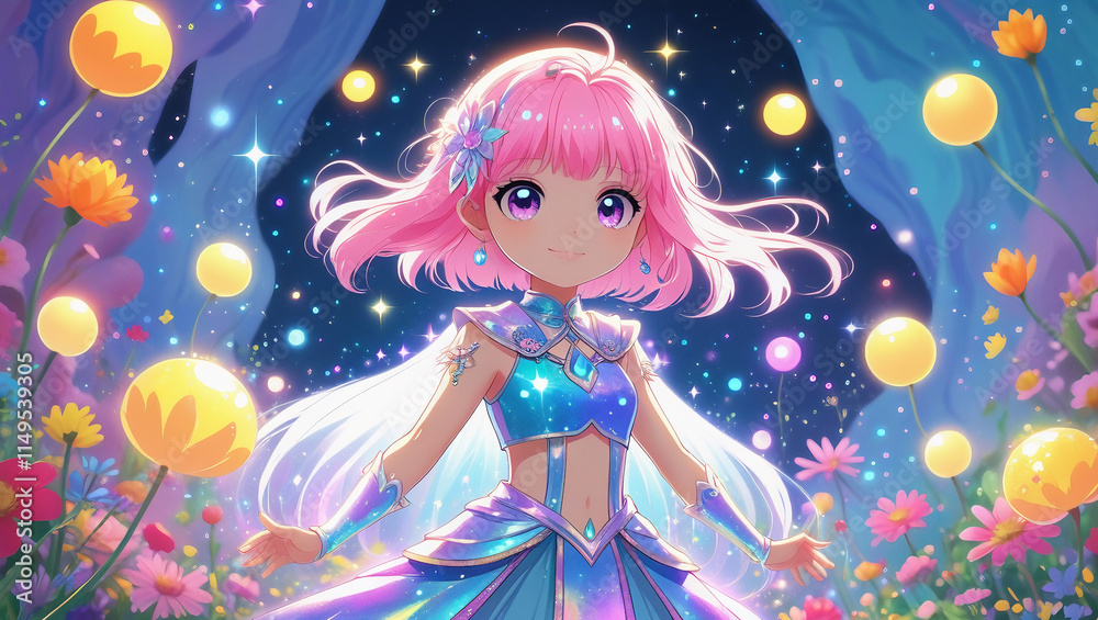 An adorable anime magical girl with pink hair in a sparkling outfit surrounded by glowing orbs, standing in a whimsical fantasy world with colorful flowers and pastel hues. An adorable anime magical girl with pink hair in a sparkling outfit surrounded by glowing orbs, standing in a whimsical fantasy world with colorful flowers and pastel hues.