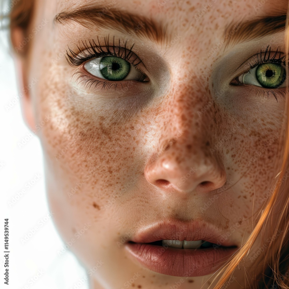 Close up beauty portrait of young redhead caucasian woman with freckles showing green eyes and lips Close up beauty portrait of young redhead caucasian woman with freckles showing green eyes and lips