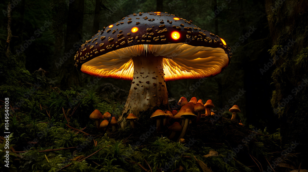Fototapeta premium Enchanted Forest Glow: Luminescent Giant Mushroom in Twilight
