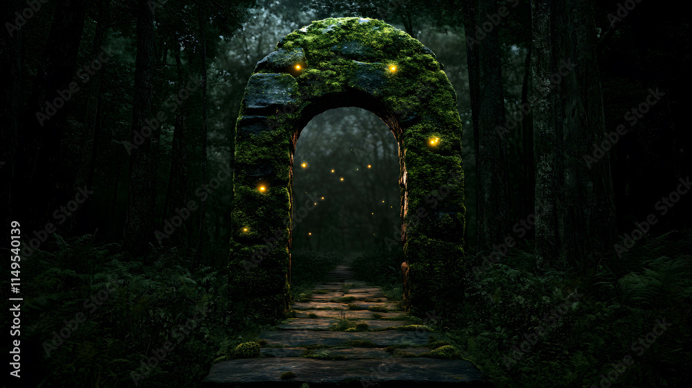 Obraz premium Enigmatic Stone Archway Illuminated by Glowing Moss in a Mystical Forest